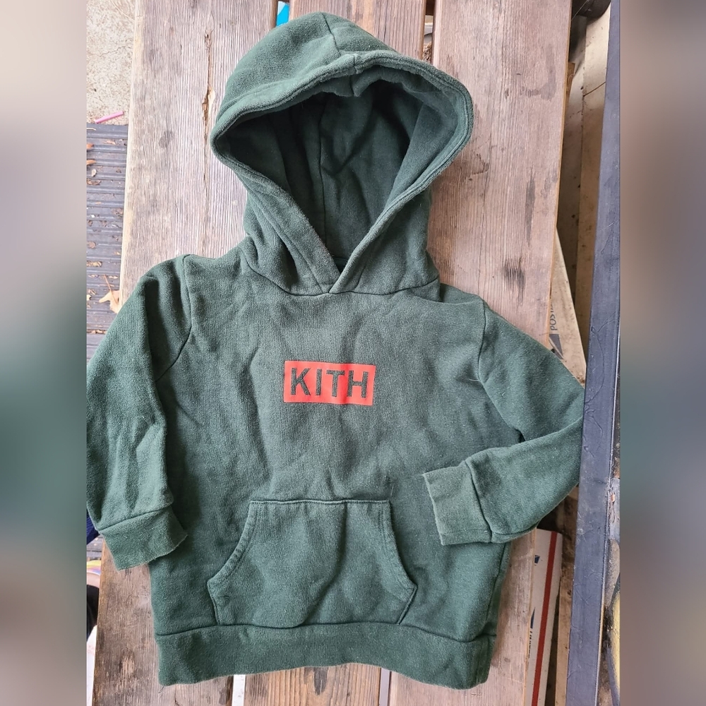 KITH SZ 4-5Y GUC DARK GREEN ORANGE logo print pullover sweatshirt hood Pocket